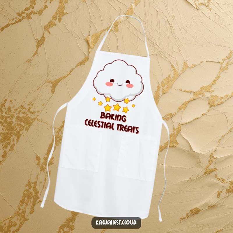 Funny apron showing a smiling cloud character with rosy cheeks showering the area with twinkling stars. Whimsical kitchen accessory.