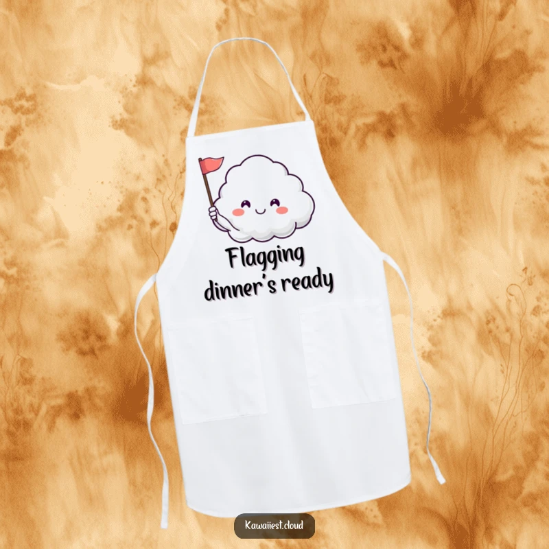 Funny apron featuring a happy cloud character waving a flag, bringing humor and a peaceful vibe to kitchen tasks.