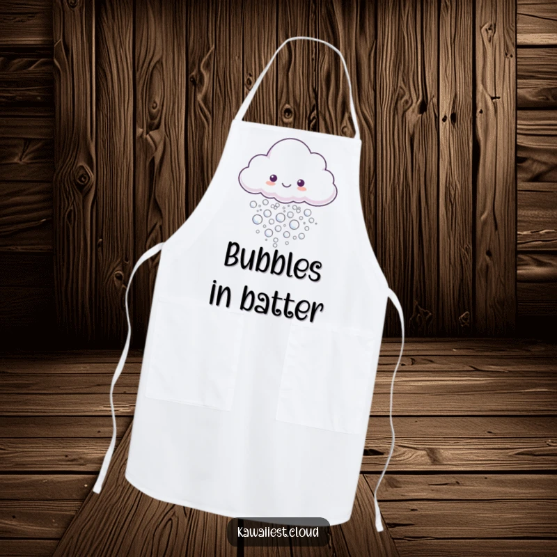 Funny Apron depicting a cloud character releasing a stream of tiny, shimmering, iridescent bubbles.