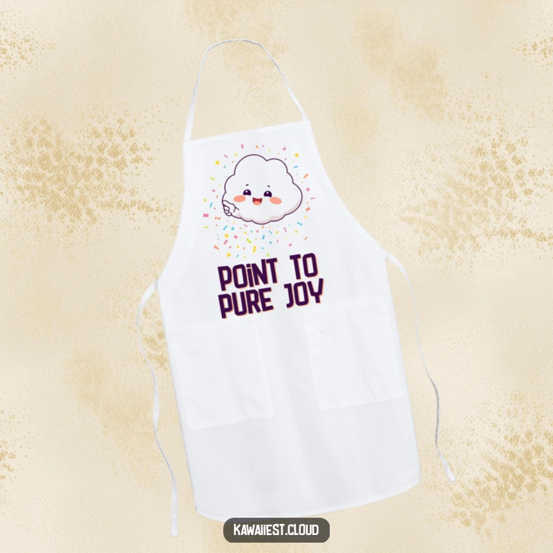 Funny apron featuring an excited cloud character pointing towards a festive cascade of jubilant, colorful confetti.