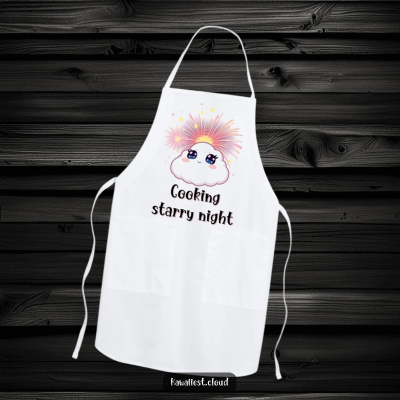 Funny Cloud Apron showing a character with wide eyes watching a magical firework bloom, great for kitchen fun.