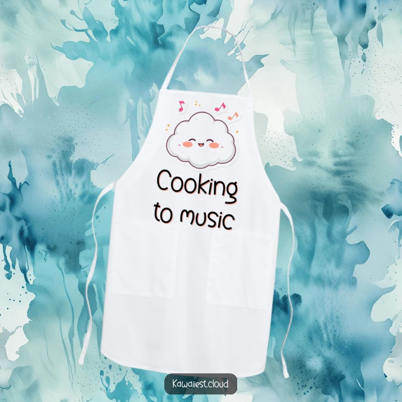 Funny apron showing a cloud character giggling joyfully surrounded by tiny, dancing musical notes.