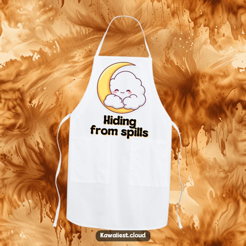 Funny Cloud Apron showing a mischievous character hiding behind a crescent moon, great for kitchen fun.