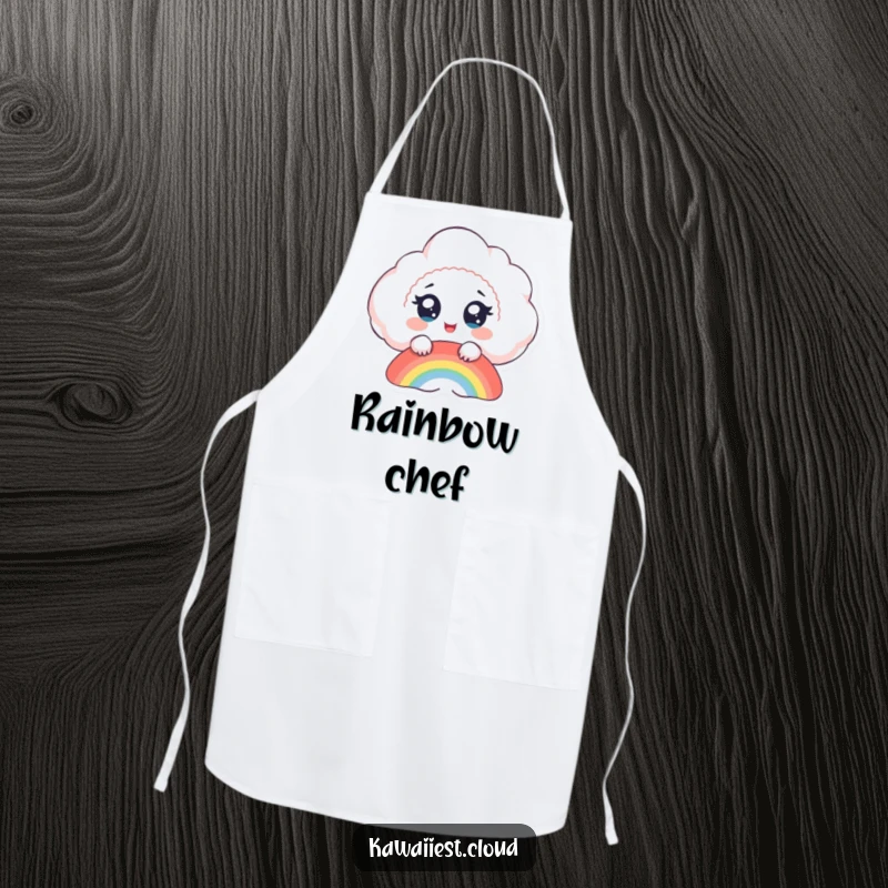 Funny cloud apron, a delighted cloud with big eyes watches a rainbow form, bringing joy to cooking.