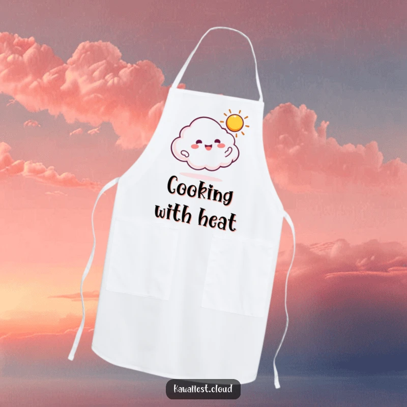 Funny apron showing a cloud character gleefully spinning a miniature, glowing sun.