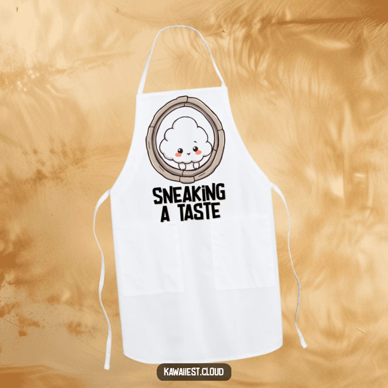 Funny apron with a cloud character peeking through a keyhole, adding a humorous and curious touch to cooking tasks.