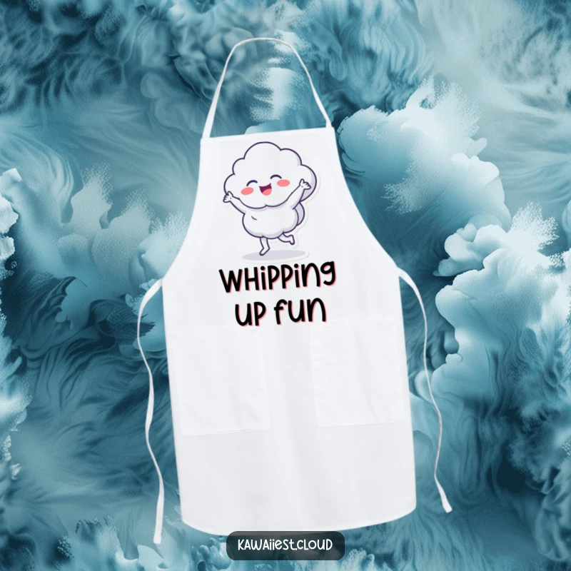 Funny apron featuring a cloud character dancing energetically while cooking, adding humor and flair to kitchen activities.