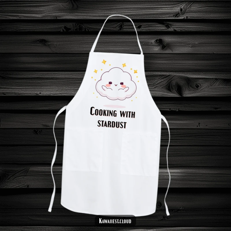 Funny apron featuring a cloud character juggling small, shimmering stars, adding a touch of magic to kitchen tasks.