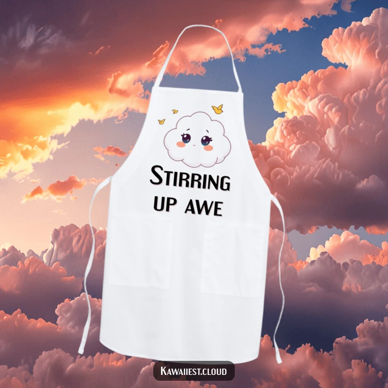 Funny apron featuring a cloud character with wide, observant eyes, watching little birds, adding a cheerful touch to kitchen tasks.