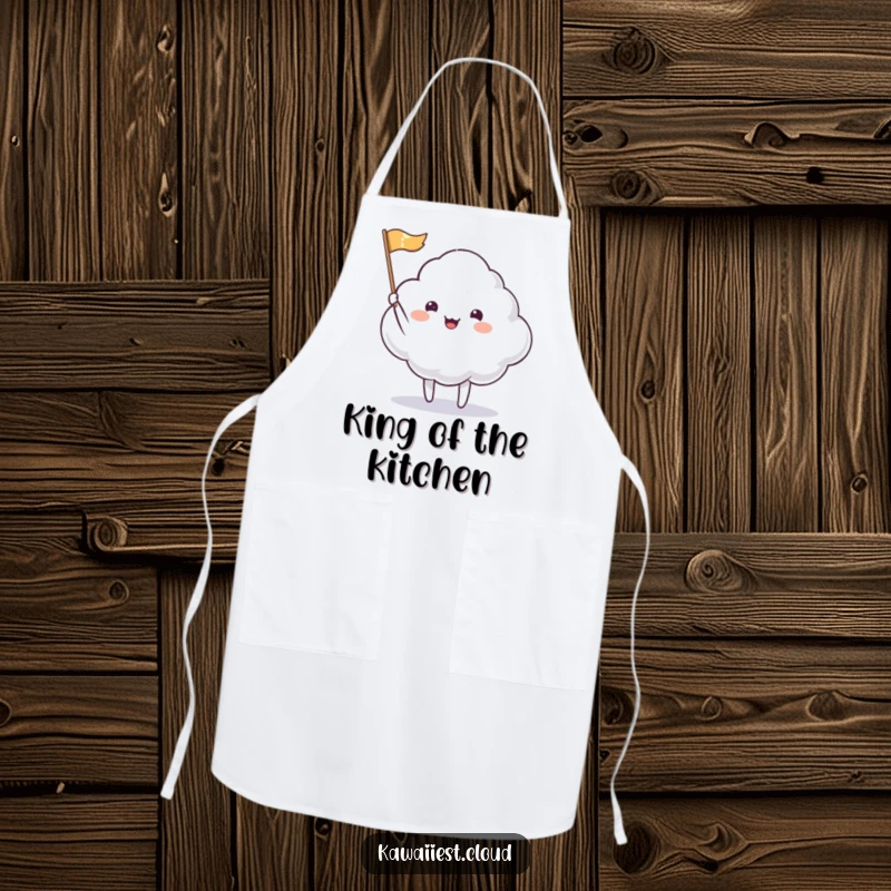 Funny Apron: A cloud character happily waving a tiny, shimmering flag, bringing a cheerful greeting to the kitchen.