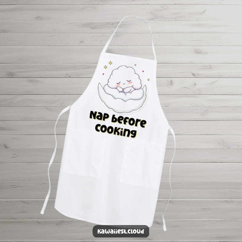 Funny apron featuring a cloud character peacefully napping on a moon, bringing humor and a relaxed vibe to cooking.