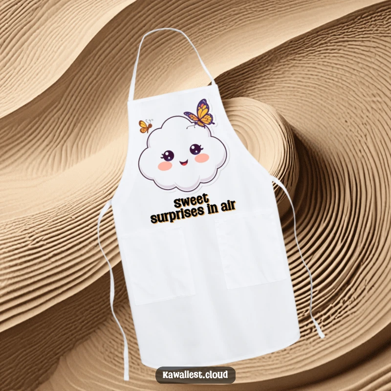 Funny Apron showcasing a cheerful cloud with wide, surprised eyes, looking at a butterfly, adding humor to cooking.