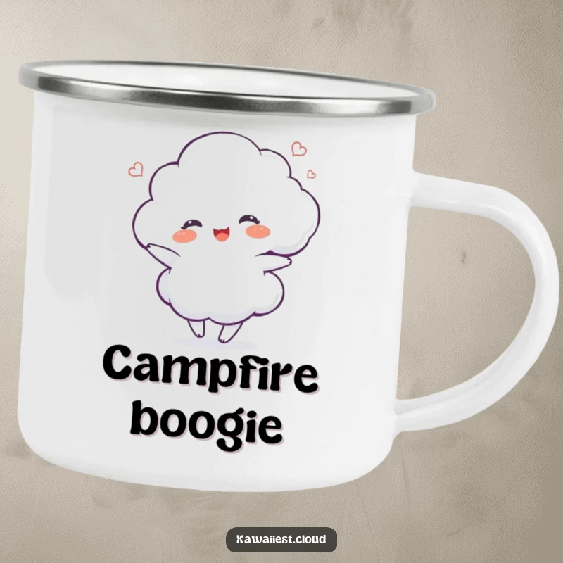 Funny Dancing Cloud Camping Mug: A rugged mug featuring a delighted cloud character dancing with a gentle swirl, perfect for outdoor enjoyment.