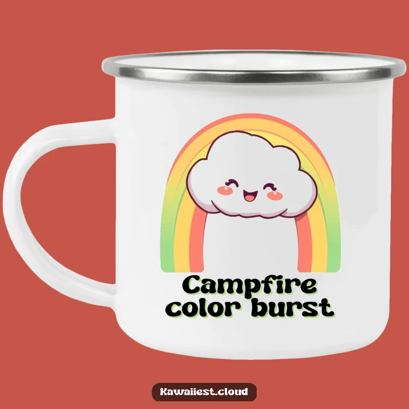 Funny Rainbow Cloud Camping Mug: Delighted Character Creating Arch, Outdoor Gift
