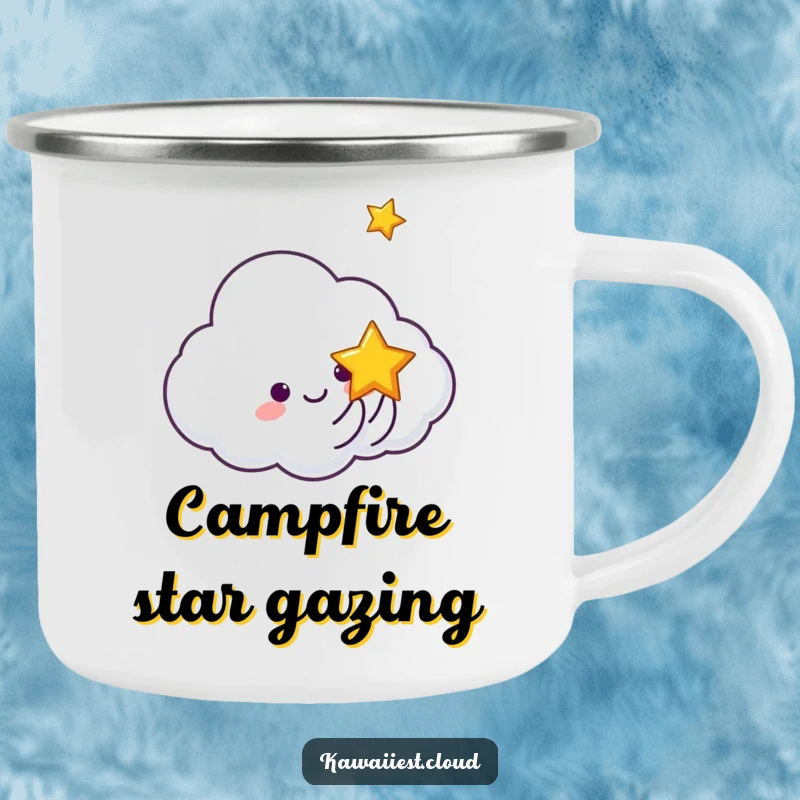 Funny camping mug with a cloud character gleefully tossing a miniature, smiling star.