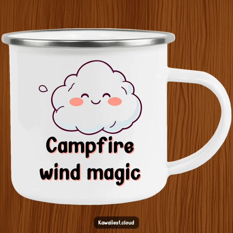 Funny camping mug featuring a cloud character gently blowing a colorful breeze, perfect for serene outdoor moments.