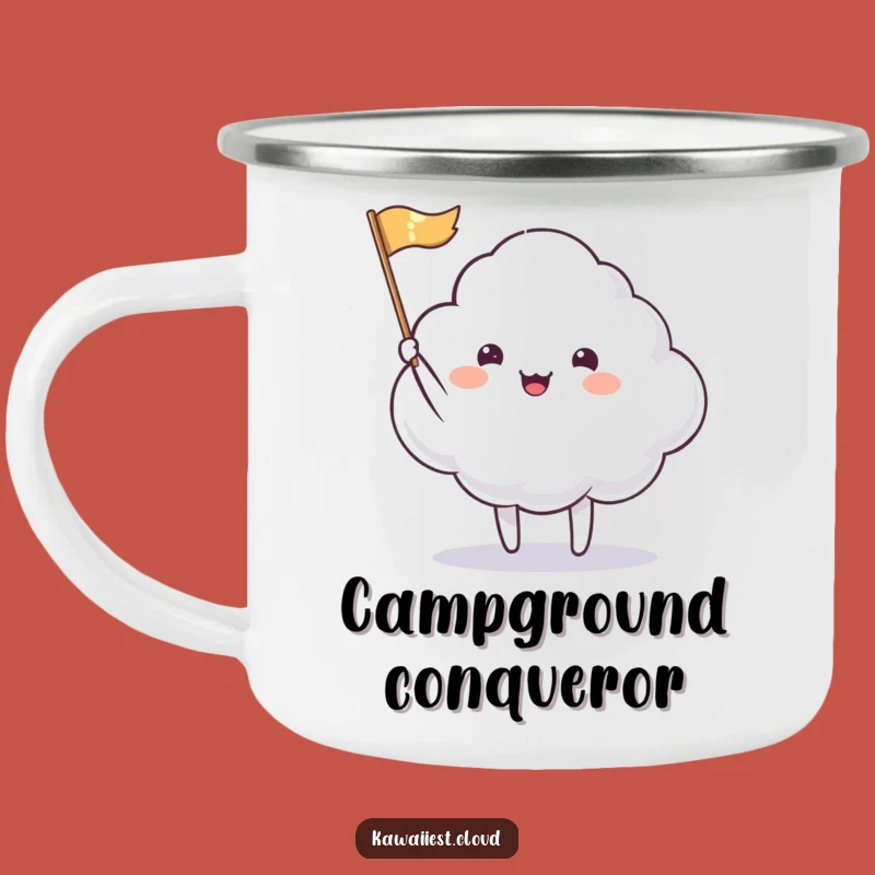 Funny Cloud Waving Flag Camping Mug: Outdoor Cheer with a Waving Character