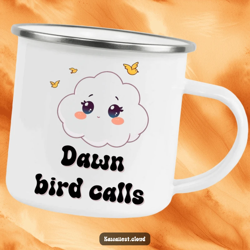 Funny camping mug featuring a cloud character with wide eyes, watching tiny birds, perfect for outdoor enthusiasts who love nature.