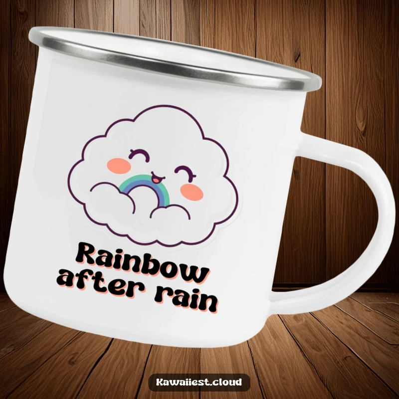 Funny Cloud Camping Mug: A durable mug with a cloud showing surprised delight at discovering a tiny, smiling rainbow, perfect for outdoor joy.