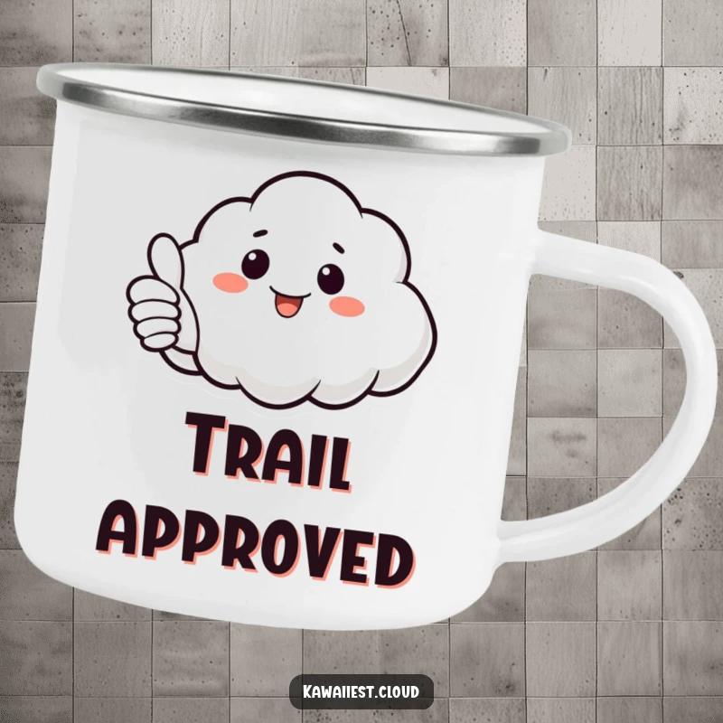 Funny Cloud Camping Mug: A durable mug with a cloud giving a thumbs up, perfect for enjoying drinks outdoors.
