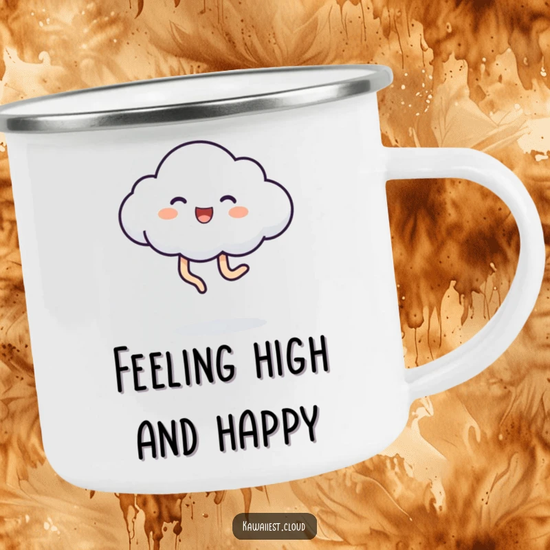 Funny Camping Mug featuring a lively cloud character energetically kicking its legs, perfect for outdoor enthusiasts who enjoy a laugh.