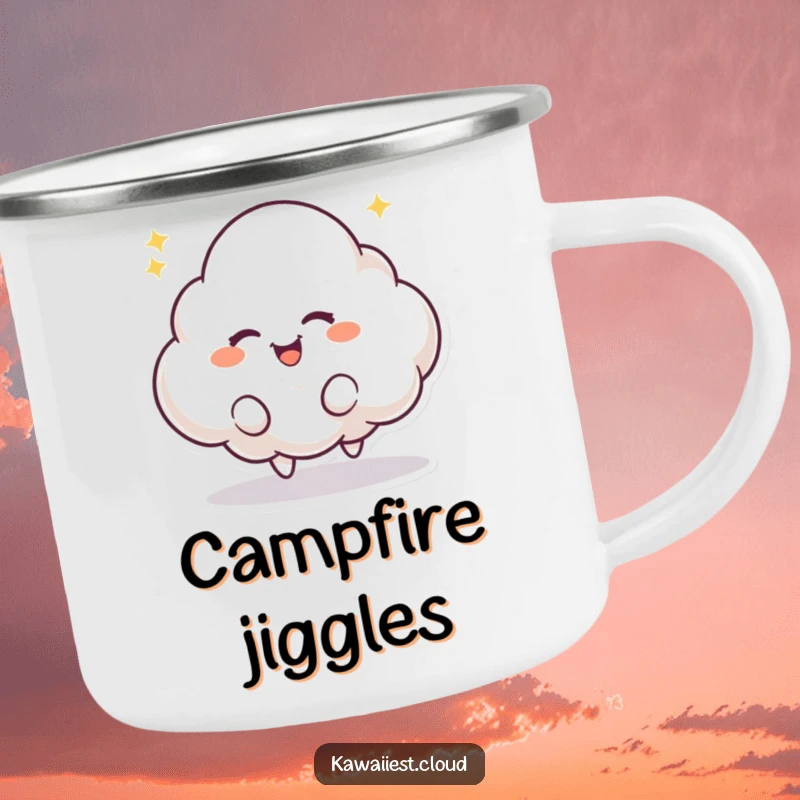 Funny camping mug with a playful cloud character with a mischievous twinkle, bouncing with excitement. Durable and whimsical.