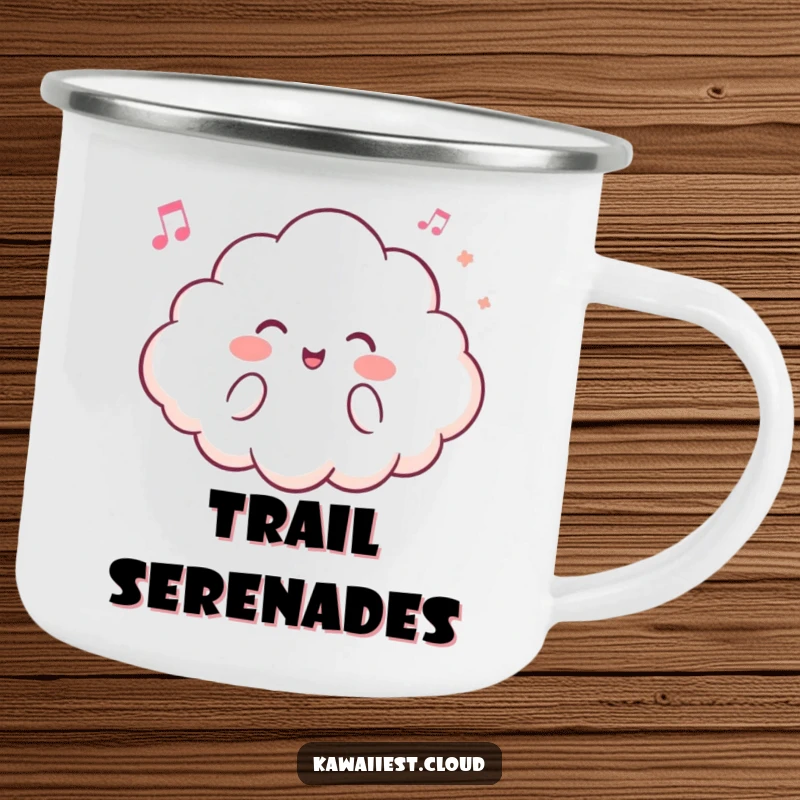 Funny camping mug showing a cloud character enjoying a tune outdoors, perfect for sipping beverages on the go.