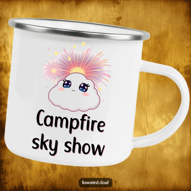 Funny Cloud Camping Mug showing a character with wide eyes watching a magical firework bloom, great for outdoor use.