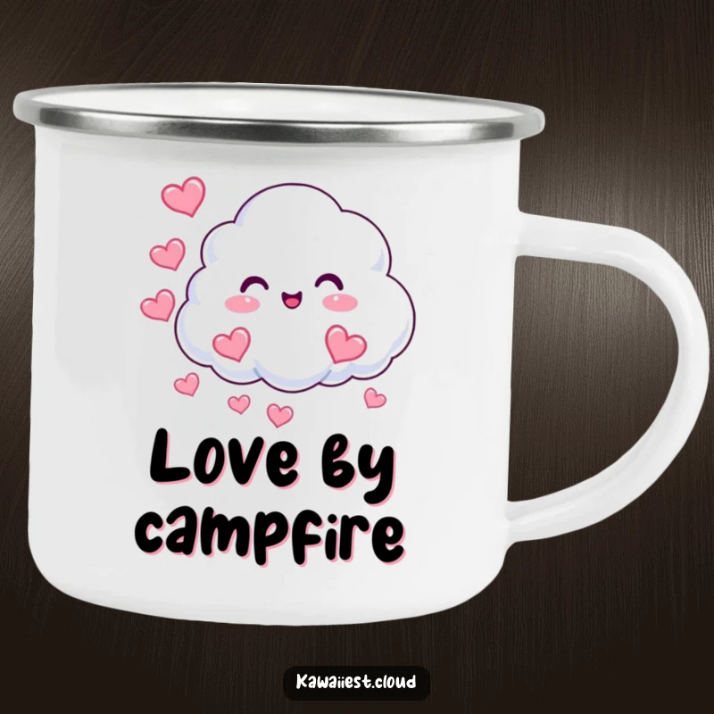 Funny Cloud Hearts Camping Mug: A beaming cloud character puffs out heart-shaped mist, ideal for enjoying beverages outdoors.