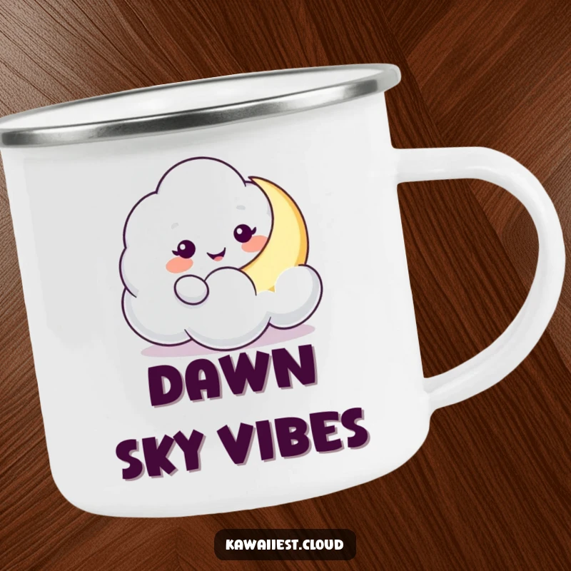 Funny Cloud Moon Nudge Camping Mug: A playful cloud character gently nudges a crescent moon, ideal for enjoying beverages outdoors.