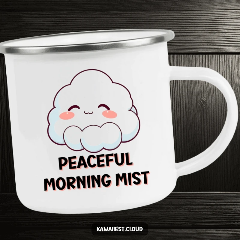 Funny camping mug with a contented cloud character sighing, perfect for enjoying drinks outdoors with a humorous, peaceful vibe.