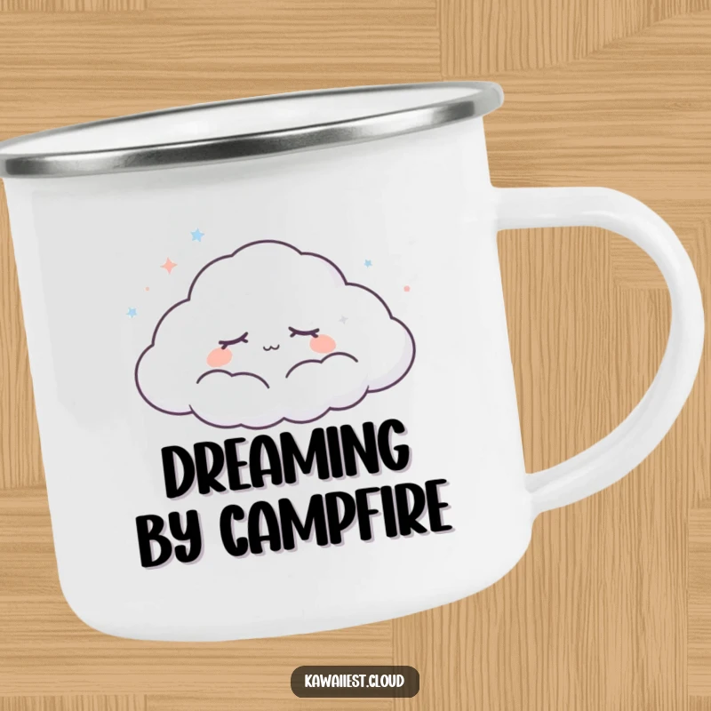 Funny Dreaming Cloud Camping Mug: A peaceful cloud character with closed eyes drifts across the sky, ideal for enjoying beverages outdoors.