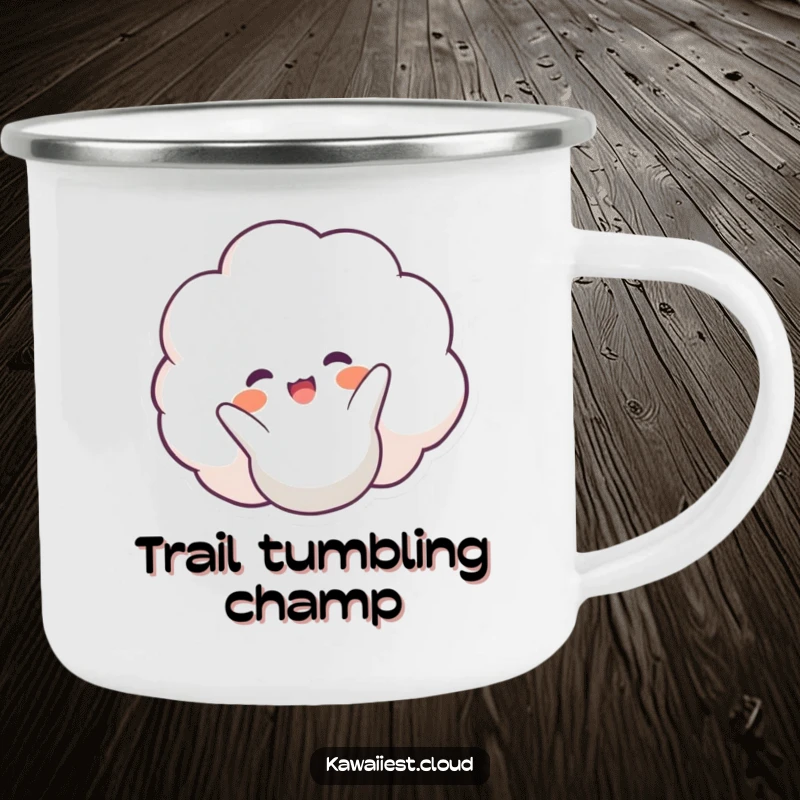 Funny Happy Cloud Camping Mug: A sturdy mug with a happy cloud character doing a somersault, ideal for outdoor fun.