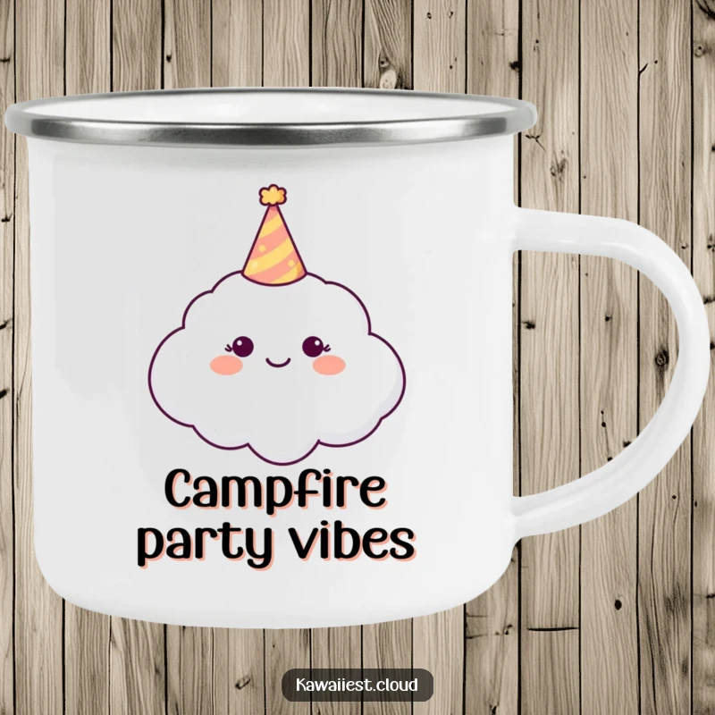 Funny Camping Mug depicting a happy cloud character wearing a tiny, festive party hat.