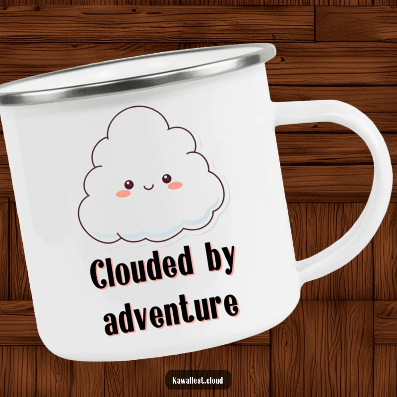 Funny Camping Mug featuring a playful cloud character peeking from behind a larger cloud, ready for any fun outdoor adventure.