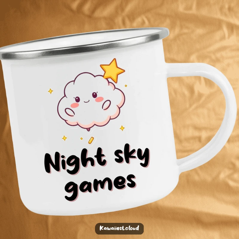 Funny Playful Cloud Camping Mug: A sturdy mug featuring a playful cloud character bouncing a shimmering star, ideal for outdoors.