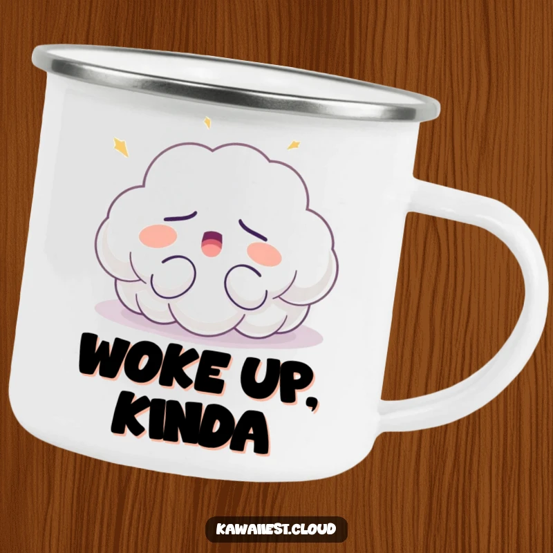 Funny sleepy cloud camping mug character yawning contentedly, set against a soft light, perfect for enjoying beverages outdoors with a humorous touch.