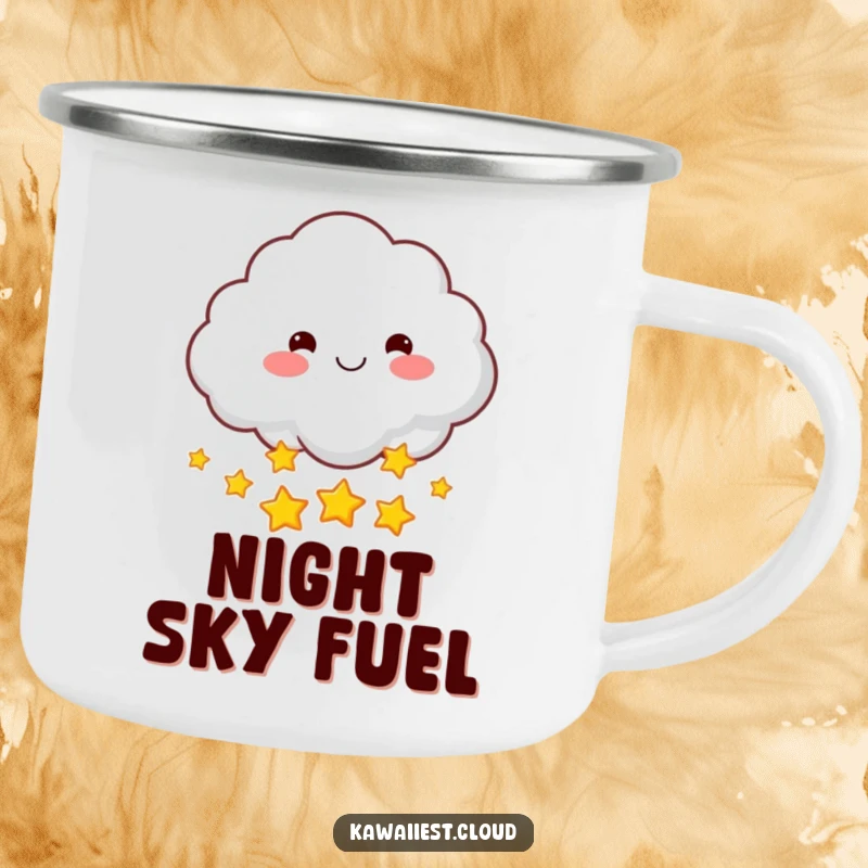 Funny camping mug with a rosy-cheeked cloud character joyfully throwing a handful of shimmering stars. Durable and whimsical.