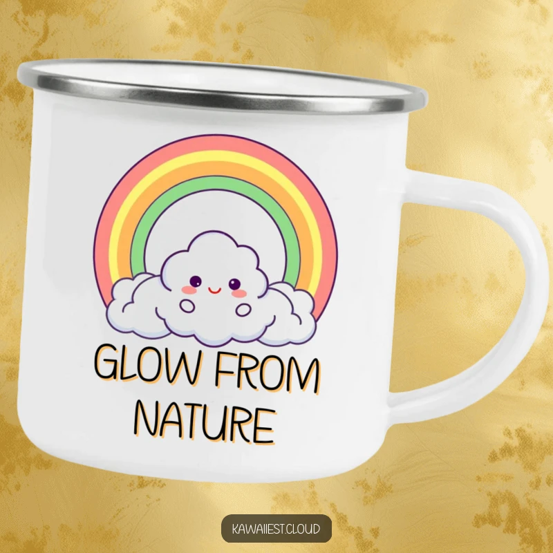 Funny Camping Mug featuring a cloud character creating a perfect circle rainbow, ready for any magical outdoor adventure.