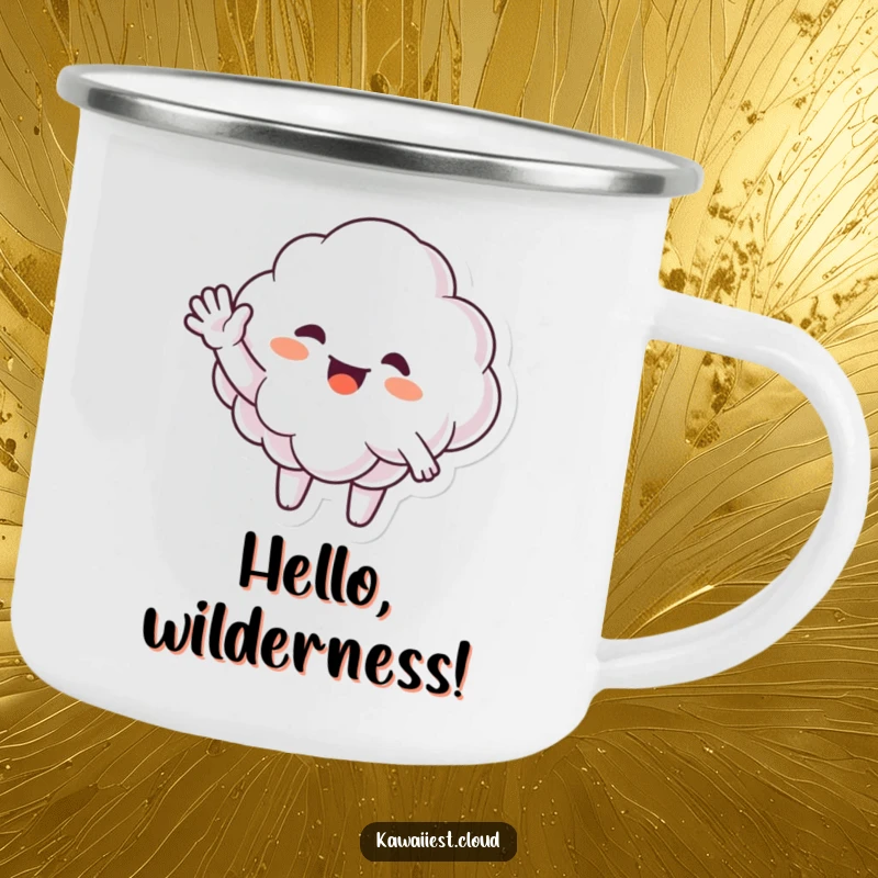 Funny Camping Mug depicting a happy cloud character giving a big, enthusiastic, and friendly wave.