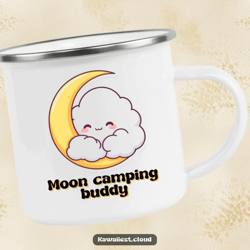 Funny Cloud Camping Mug showing a mischievous character hiding behind a crescent moon, great for outdoor use.