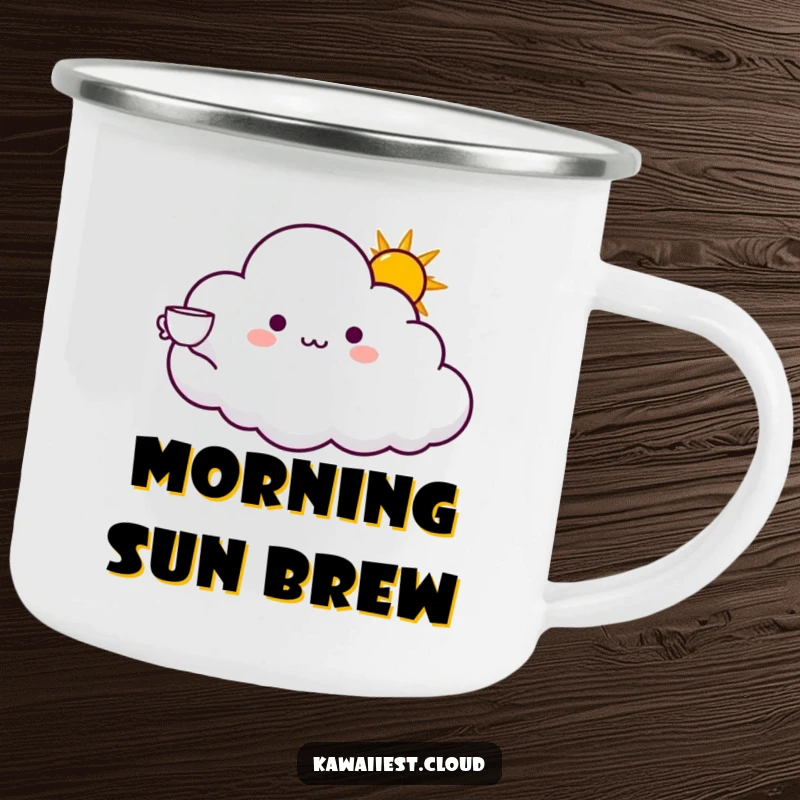 Funny camping mug with a cloud character offering a cup of bright sunshine with an outstretched arm. Durable and cheerful.