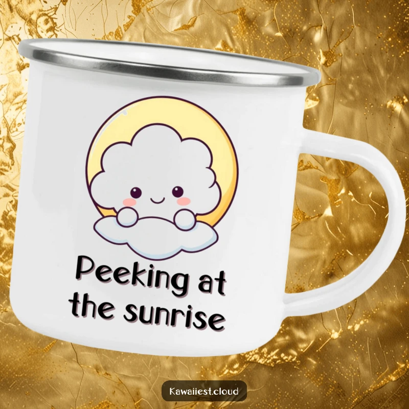 Funny camping mug featuring a happy cloud peeking from behind a moon, perfect for outdoor enthusiasts seeking humor.