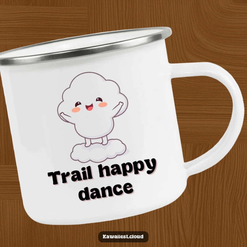 Funny Camping Mug: A cloud character gleefully jigging outdoors, bringing humor to your adventures.