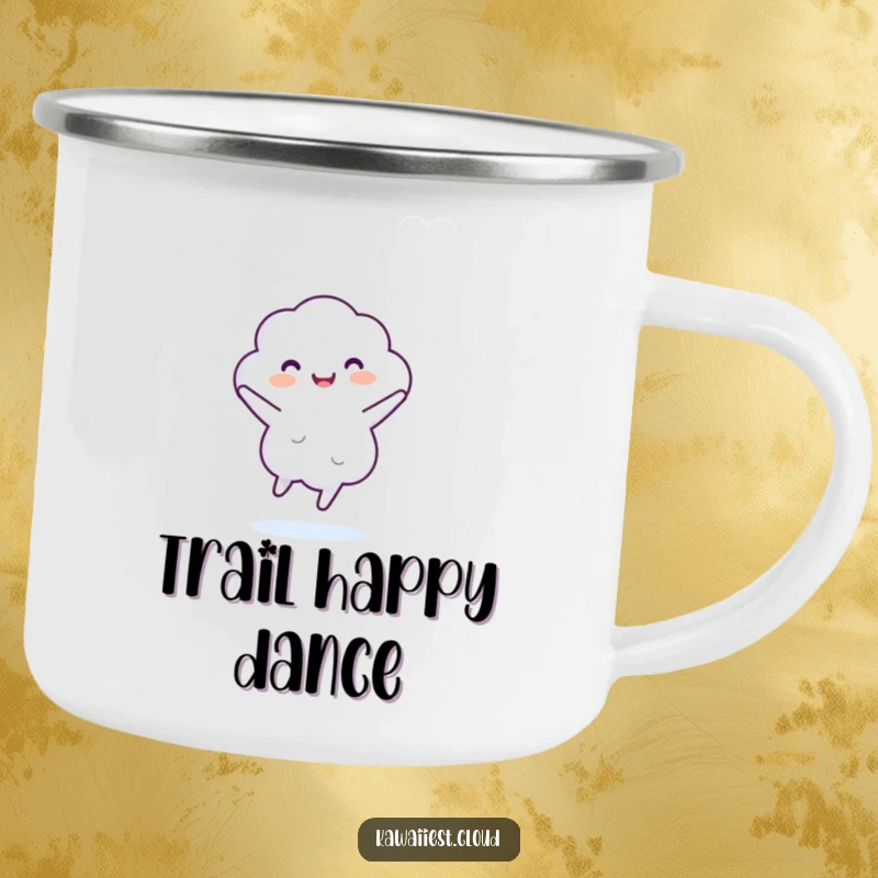 Funny camping mug showing a cloud character doing a happy dance, perfect for outdoor enthusiasts who enjoy humor.