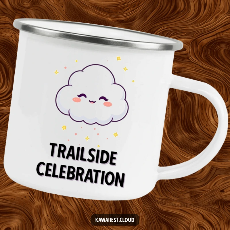 Funny Camping Mug featuring a mischievous cloud character dropping sparkling confetti, ready for fun outdoors.
