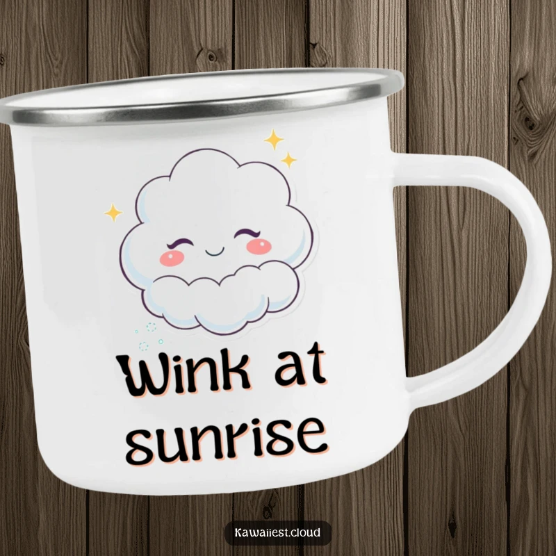 Funny Winking Cloud Camping Mug: A rugged mug featuring a winking cloud character leaving a trail of sparkles, perfect for outdoor enjoyment.