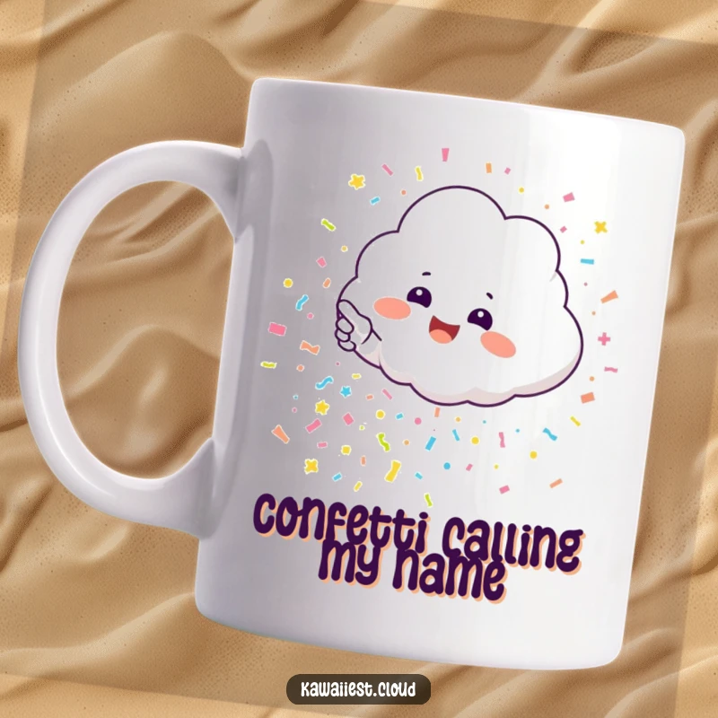 Funny mug with an excited cloud character pointing at a cascade of cheerful confetti, celebrating joy and fun.