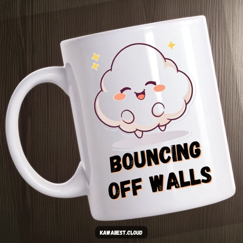 Funny mug featuring a playful cloud character with a mischievous twinkle in its eye, bouncing with excitement. Energetic and humorous.