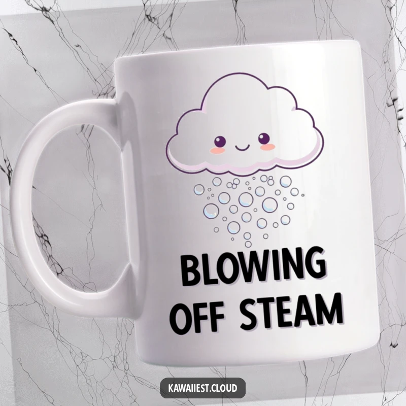 Funny Mug featuring a cheerful cloud character gently releasing a stream of tiny, shimmering, iridescent bubbles into the air.